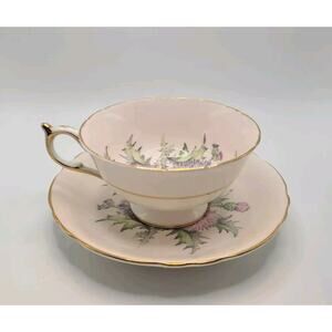 Paragon Fine Bone China Teacup Saucer Blush Pink Thistle Green Leaves 1960's